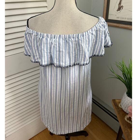 TOMMY BAHAMA Womens Dress Small Blue Ticking Stripe Off Shoulder Beach Summer - Picture 5 of 9